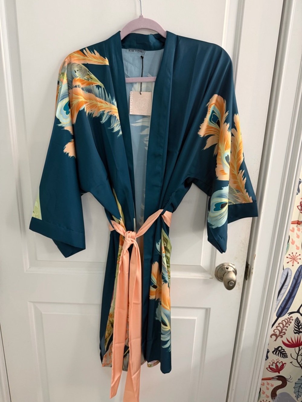 Satin Teal Floral Kimono Robe with Peach Sash